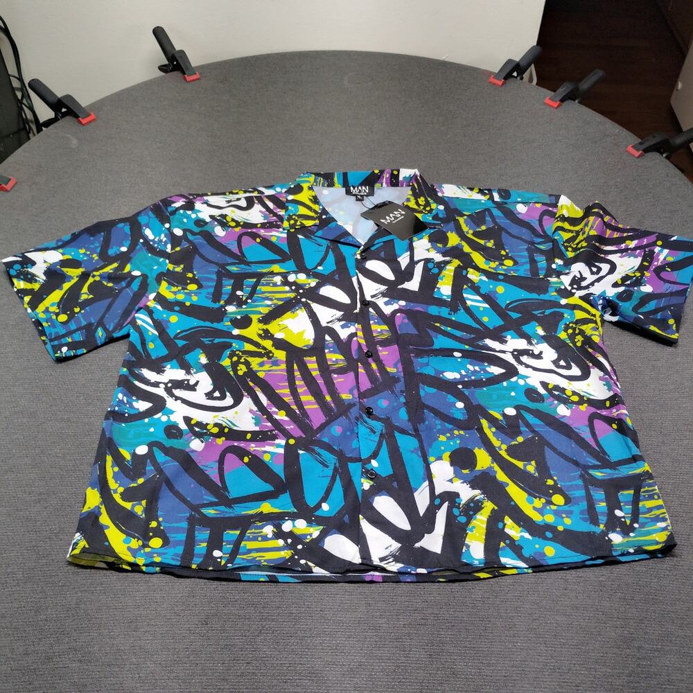 boohooMAN NWT Mens XL Abstract Graffiti Print SS Button Down Poplin Shirt Multi